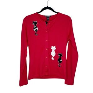 Jonathan Corey Sequin Cat Red Crewneck Cardigan size Small